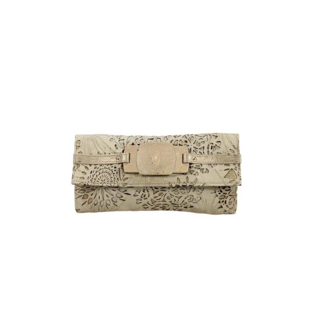 R&Y Augousti Womens Laser Cut Detail Leather Long Wallet Beige